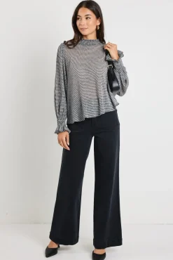 Ivy + Jack Emphatic Black Gingham Shirred Neck Ls Top