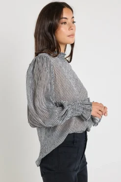 Ivy + Jack Emphatic Black Gingham Shirred Neck Ls Top