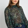 Ivy + Jack Emphatic Khaki Ditsy Print Shirred Neck Ls Top