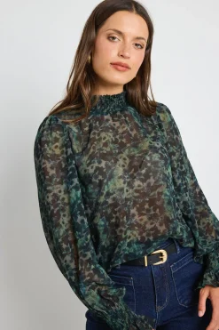 Ivy + Jack Emphatic Khaki Ditsy Print Shirred Neck Ls Top