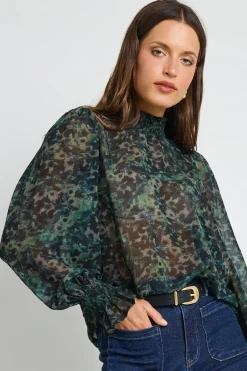 Ivy + Jack Emphatic Khaki Ditsy Print Shirred Neck Ls Top