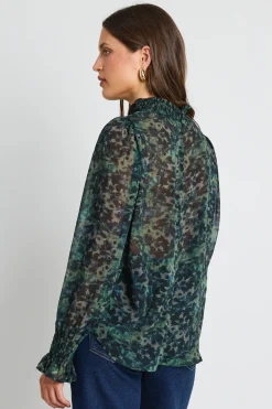 Ivy + Jack Emphatic Khaki Ditsy Print Shirred Neck Ls Top