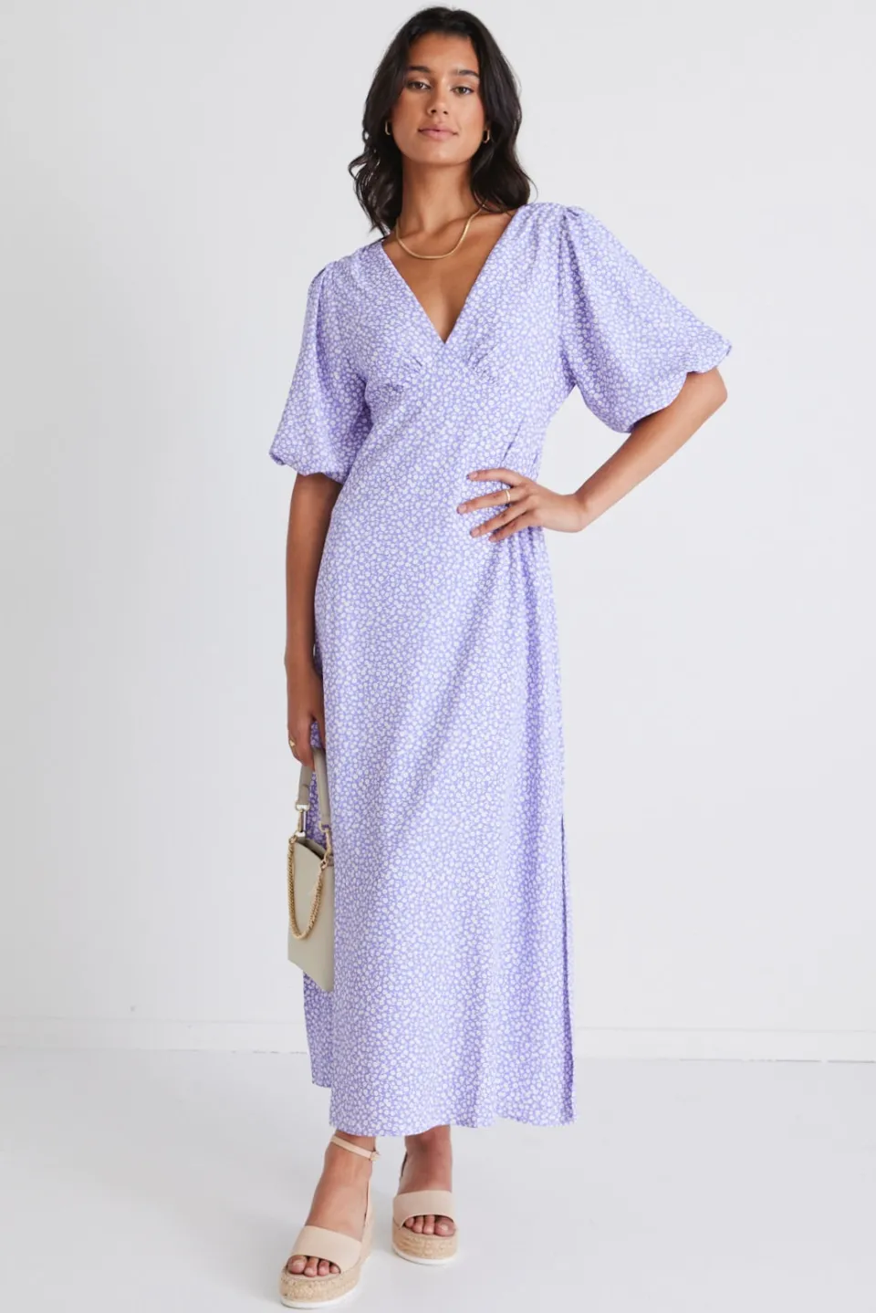 Among the Brave Empire Lilac Ditsy Puff Sleeve Midi Dress