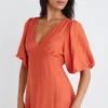 Among the Brave Empire Persimmon Puff Sleeve Midi Dress