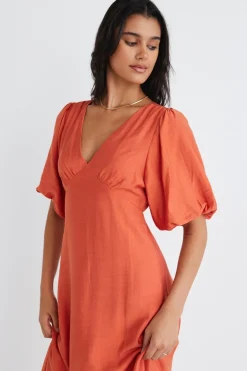 Among the Brave Empire Persimmon Puff Sleeve Midi Dress