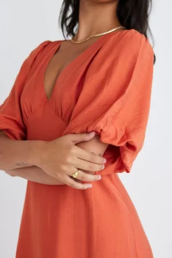 Among the Brave Empire Persimmon Puff Sleeve Midi Dress
