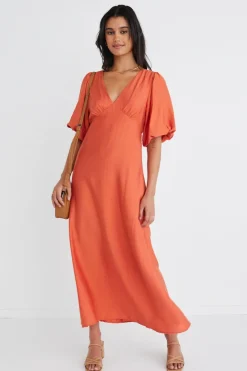 Among the Brave Empire Persimmon Puff Sleeve Midi Dress