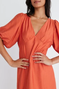 Among the Brave Empire Persimmon Puff Sleeve Midi Dress