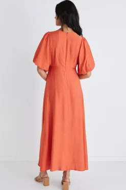 Among the Brave Empire Persimmon Puff Sleeve Midi Dress