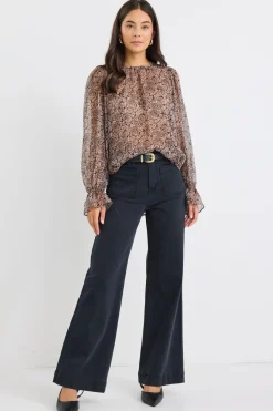 By Rosa. Endless Black Taupe Roses Georgette Blouson Sleeve LS Top
