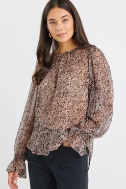 By Rosa. Endless Black Taupe Roses Georgette Blouson Sleeve LS Top