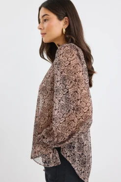 By Rosa. Endless Black Taupe Roses Georgette Blouson Sleeve LS Top