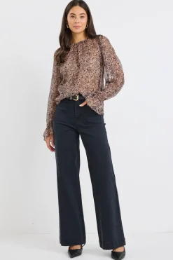 By Rosa. Endless Black Taupe Roses Georgette Blouson Sleeve LS Top