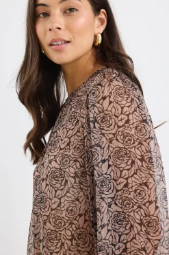By Rosa. Endless Black Taupe Roses Georgette Blouson Sleeve LS Top