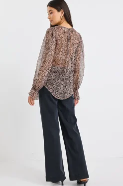 By Rosa. Endless Black Taupe Roses Georgette Blouson Sleeve LS Top