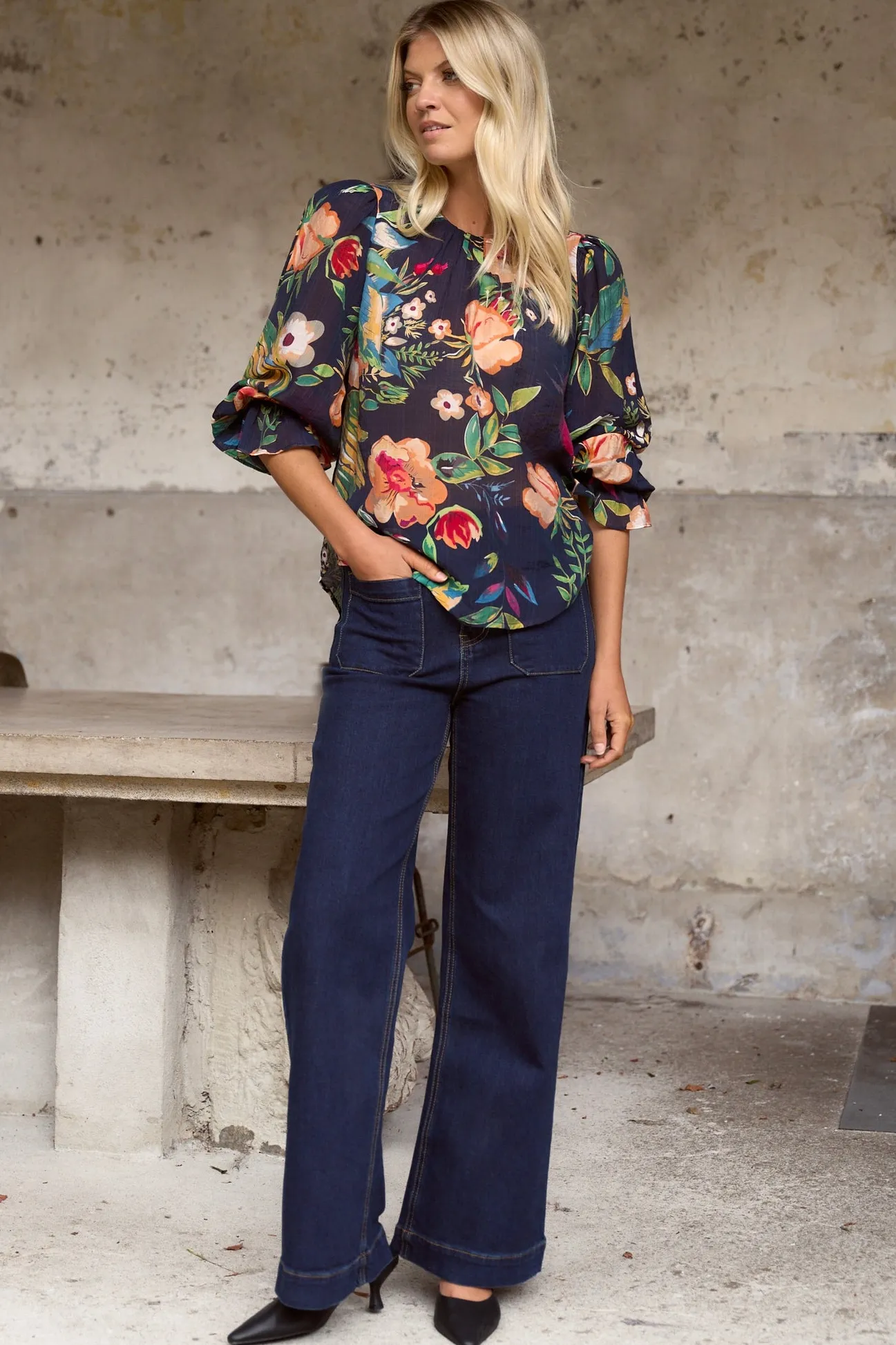 By Rosa. Endless Navy Vibrant Floral Blouson Sleeve LS Top