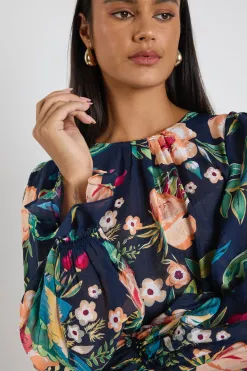 By Rosa. Endless Navy Vibrant Floral Blouson Sleeve LS Top