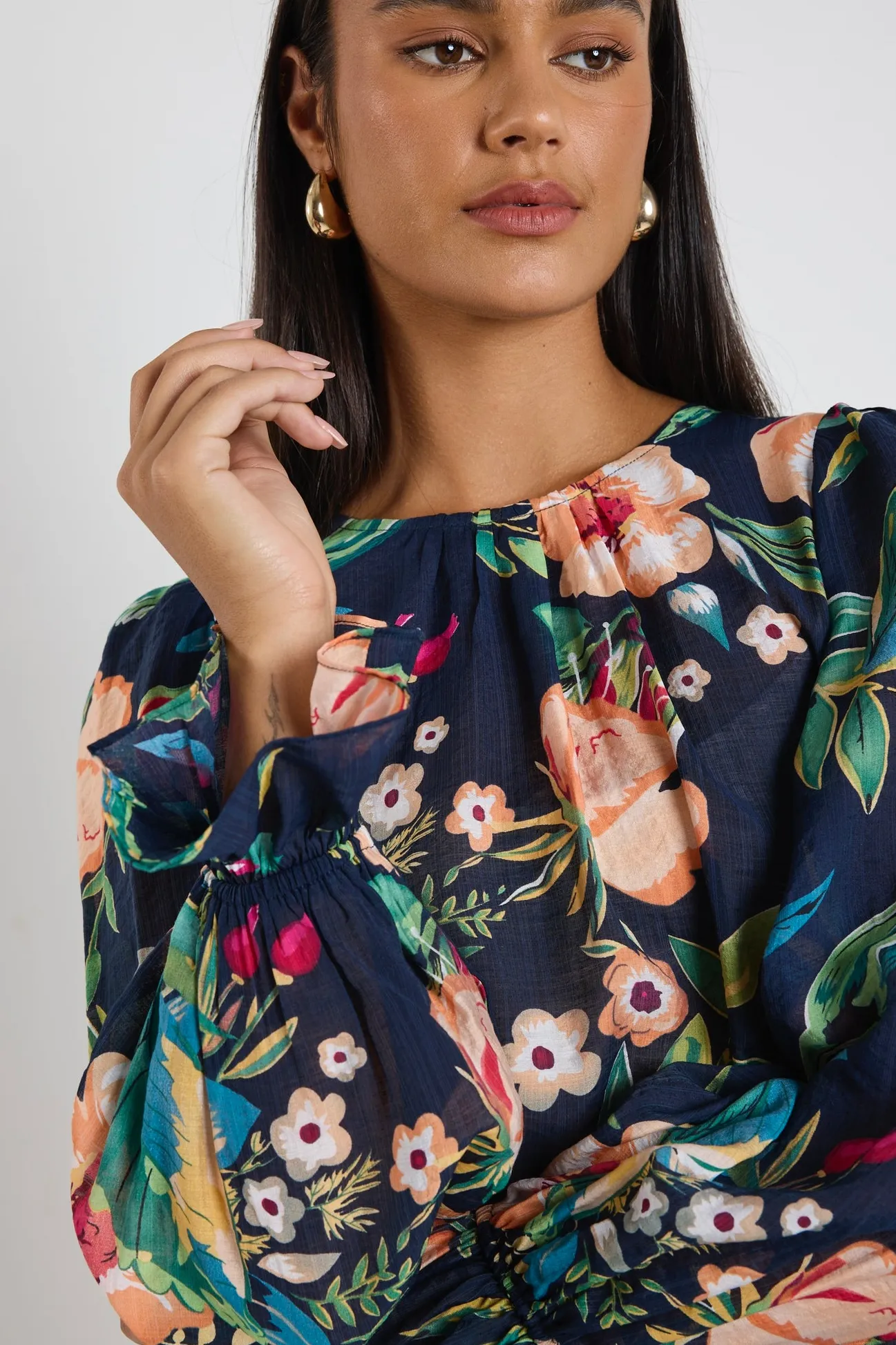 By Rosa. Endless Navy Vibrant Floral Blouson Sleeve LS Top