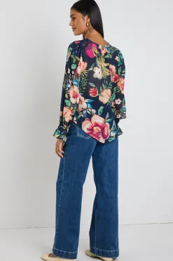 By Rosa. Endless Navy Vibrant Floral Blouson Sleeve LS Top