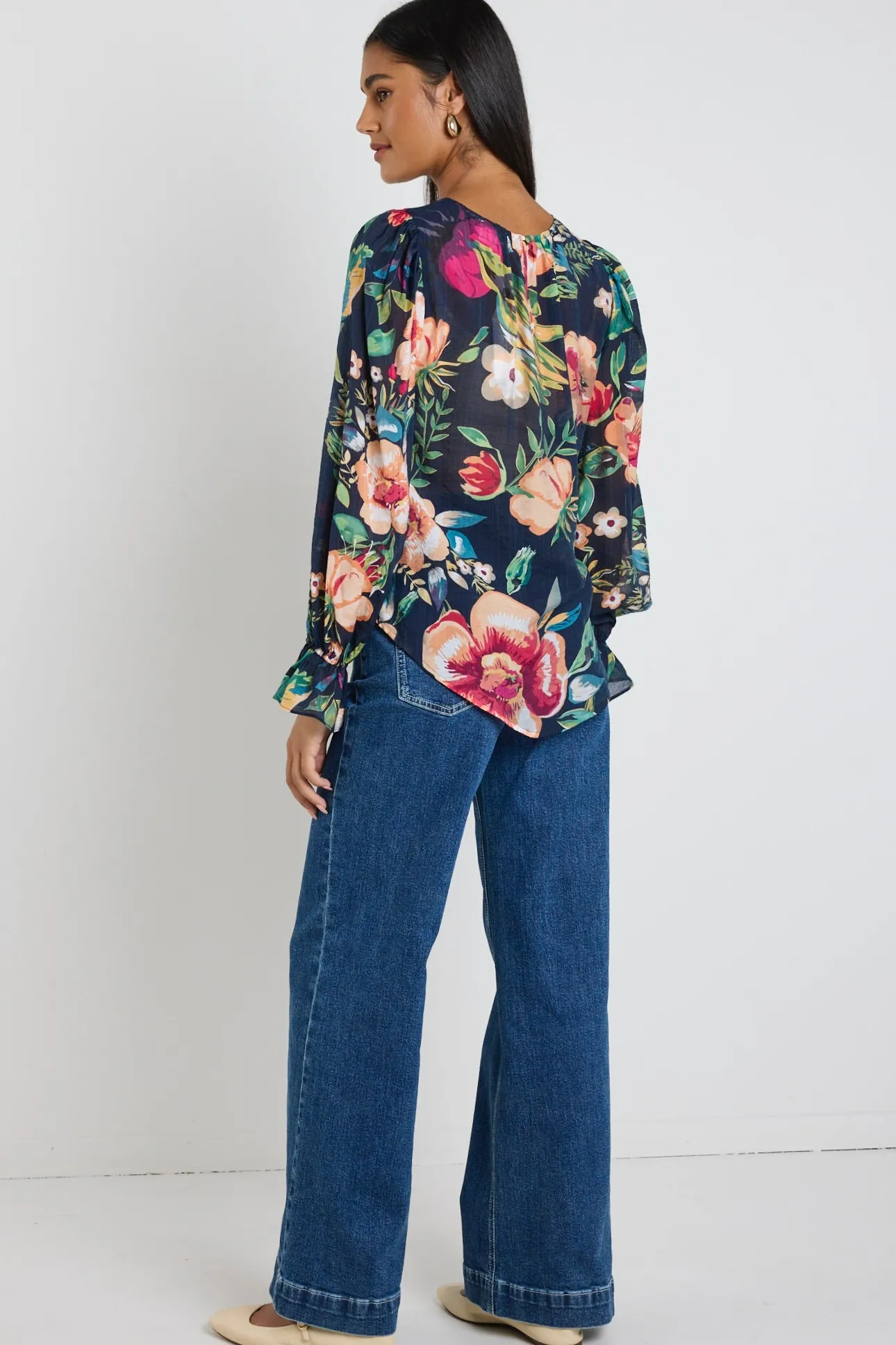 By Rosa. Endless Navy Vibrant Floral Blouson Sleeve LS Top