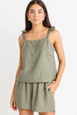 Love Lulu Enriched Khaki Linen Blend Straight Cami
