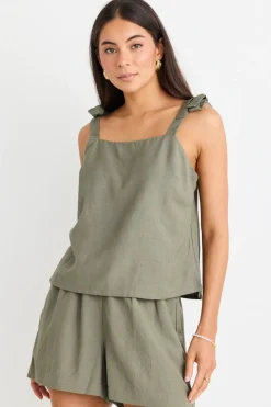 Love Lulu Enriched Khaki Linen Blend Straight Cami