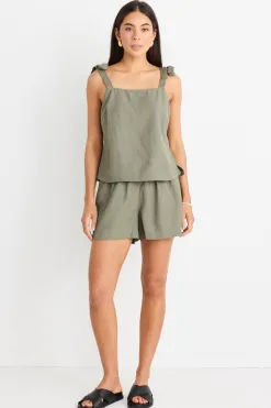 Love Lulu Enriched Khaki Linen Blend Straight Cami