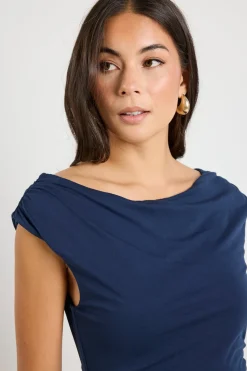 Stories be Told Equator Navy Jersey Rouched Midi Dress
