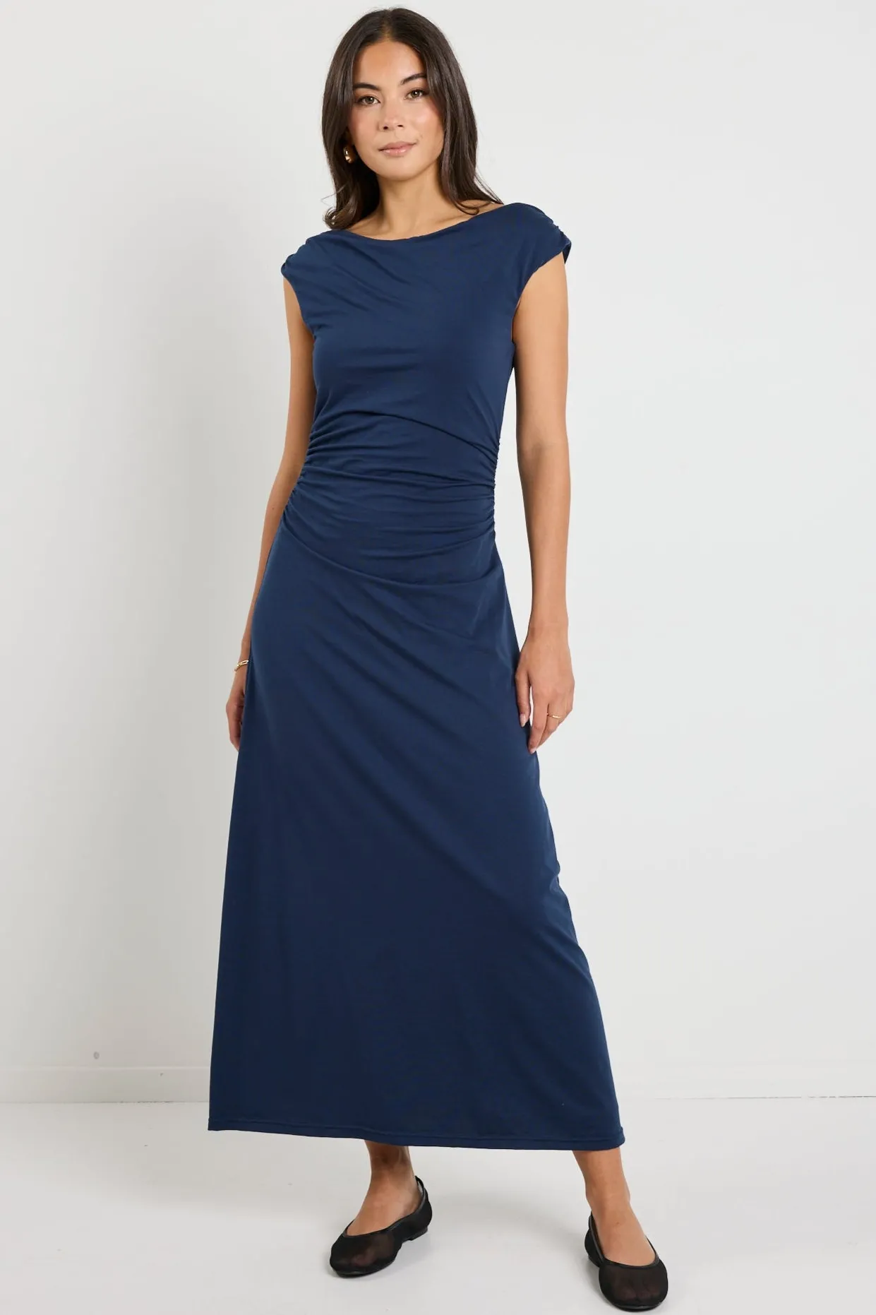 Stories be Told Equator Navy Jersey Rouched Midi Dress