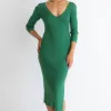 Among the Brave Equinox Kelly Green Half Sleeve V Neck Tie Back Rib Knit Midi Dress