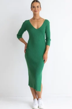 Among the Brave Equinox Kelly Green Half Sleeve V Neck Tie Back Rib Knit Midi Dress