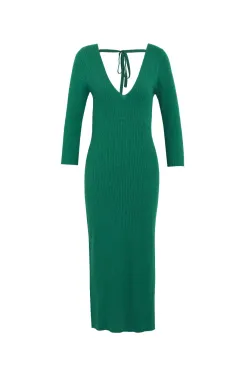 Among the Brave Equinox Kelly Green Half Sleeve V Neck Tie Back Rib Knit Midi Dress