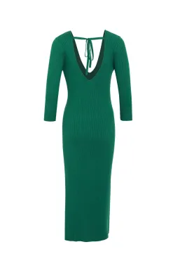 Among the Brave Equinox Kelly Green Half Sleeve V Neck Tie Back Rib Knit Midi Dress