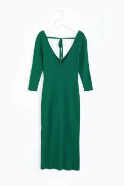 Among the Brave Equinox Kelly Green Half Sleeve V Neck Tie Back Rib Knit Midi Dress