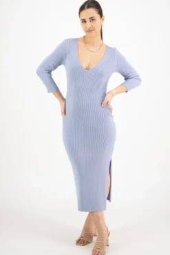 Among the Brave Equinox Sky Blue Half Sleeve V Neck Tie Back Rib Knit Midi Dress