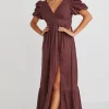 Ivy + Jack Ever After Raisin Linen Puff Sleeve Maxi Dress