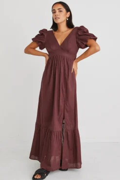 Ivy + Jack Ever After Raisin Linen Puff Sleeve Maxi Dress