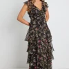 By Rosa. Everly Black Posy Floral Flutter Sleeve Tiered Maxi Dress