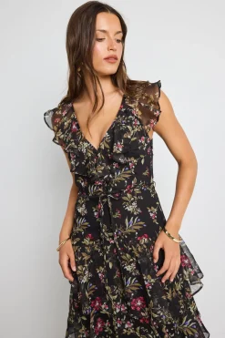 By Rosa. Everly Black Posy Floral Flutter Sleeve Tiered Maxi Dress