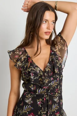 By Rosa. Everly Black Posy Floral Flutter Sleeve Tiered Maxi Dress