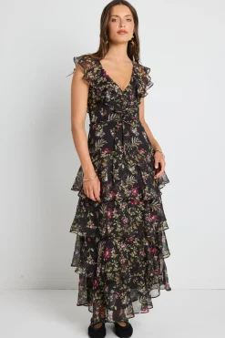 By Rosa. Everly Black Posy Floral Flutter Sleeve Tiered Maxi Dress