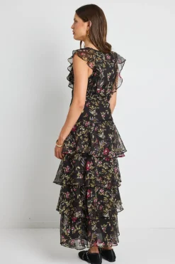 By Rosa. Everly Black Posy Floral Flutter Sleeve Tiered Maxi Dress