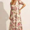 Auguste The Label Evie Off White Floral Puff Sleeve Midi Dress