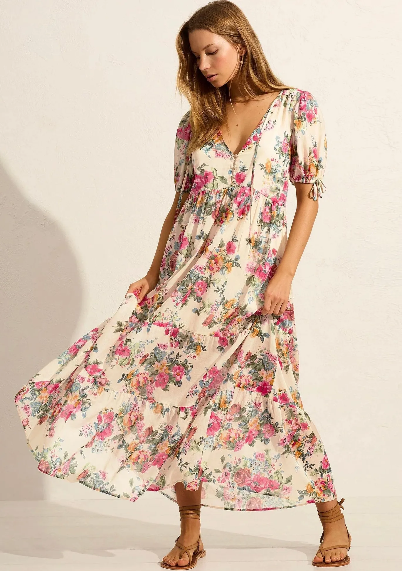 Auguste The Label Evie Off White Floral Puff Sleeve Midi Dress