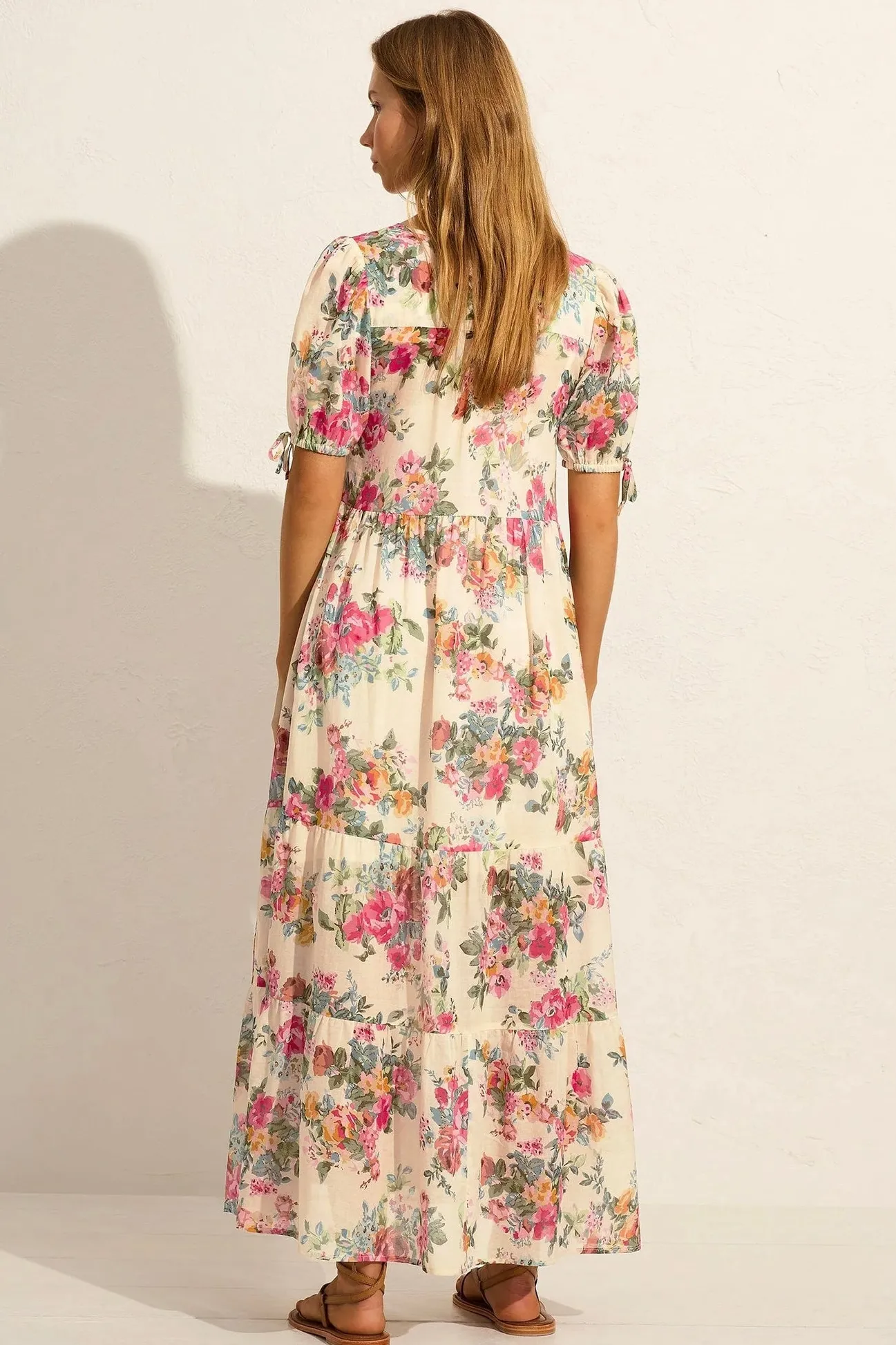 Auguste The Label Evie Off White Floral Puff Sleeve Midi Dress