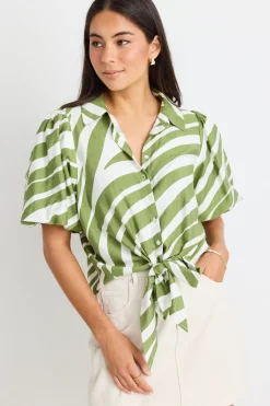 Among the Brave Exemption Green Zebra Tie Front SS Shirt