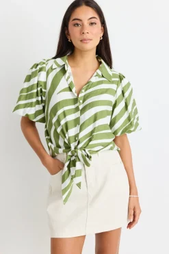 Among the Brave Exemption Green Zebra Tie Front SS Shirt