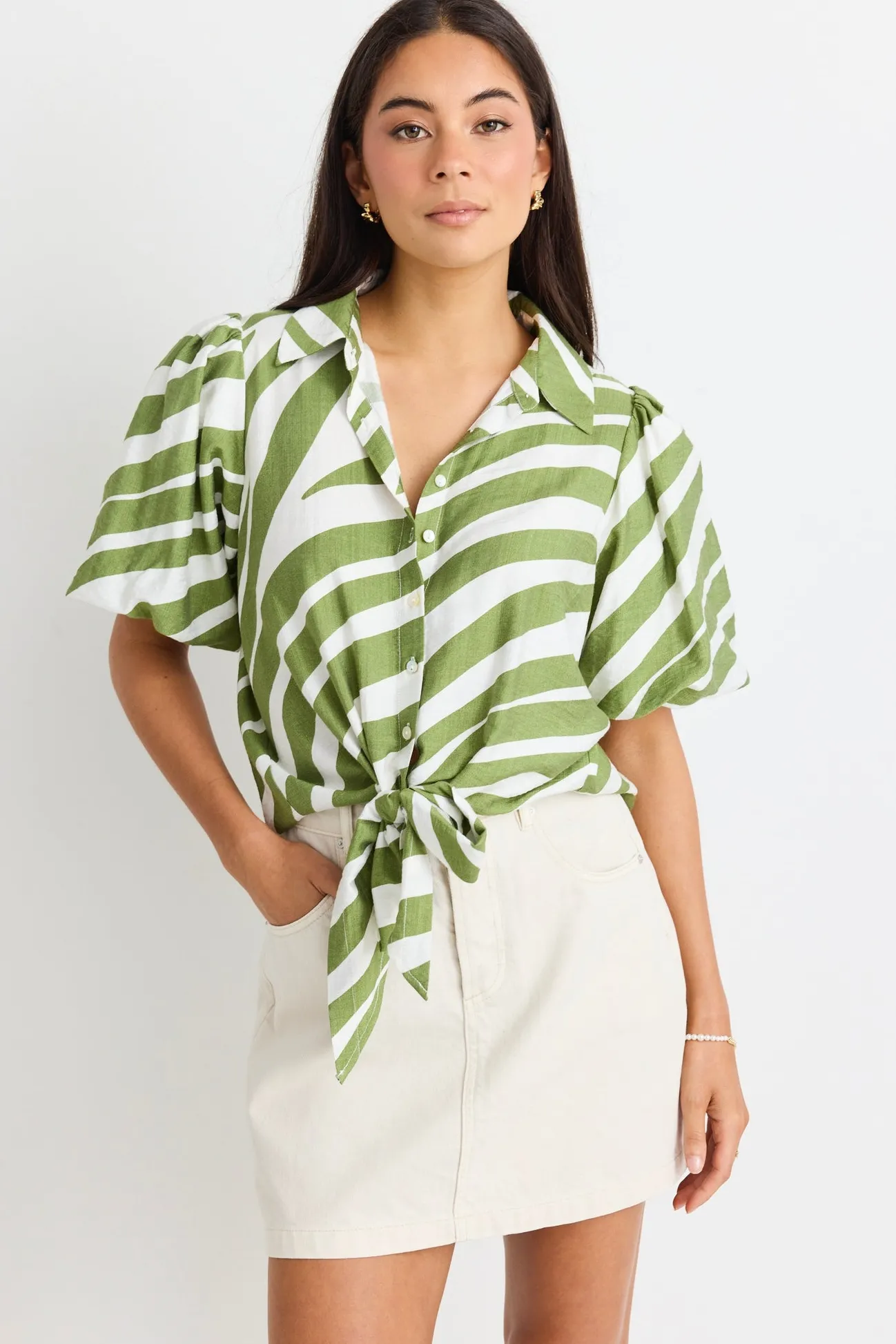 Among the Brave Exemption Green Zebra Tie Front SS Shirt