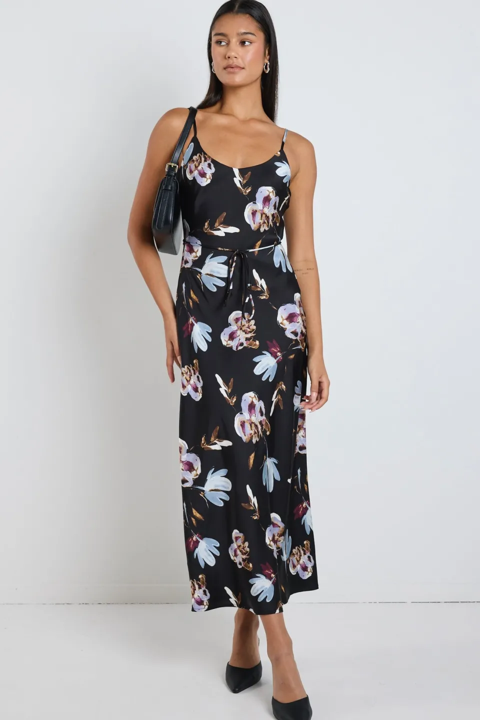 Stories be Told Exhibition Black Smudge Floral Satin Bias Flared Maxi Dress