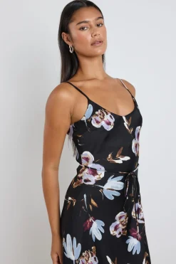 Stories be Told Exhibition Black Smudge Floral Satin Bias Flared Maxi Dress
